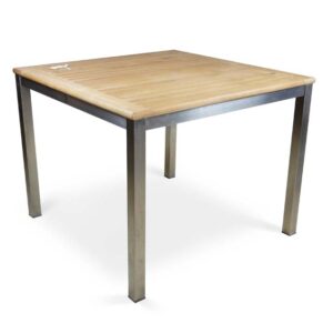 Stainless steel and teak outdoor dining table with sleek design
